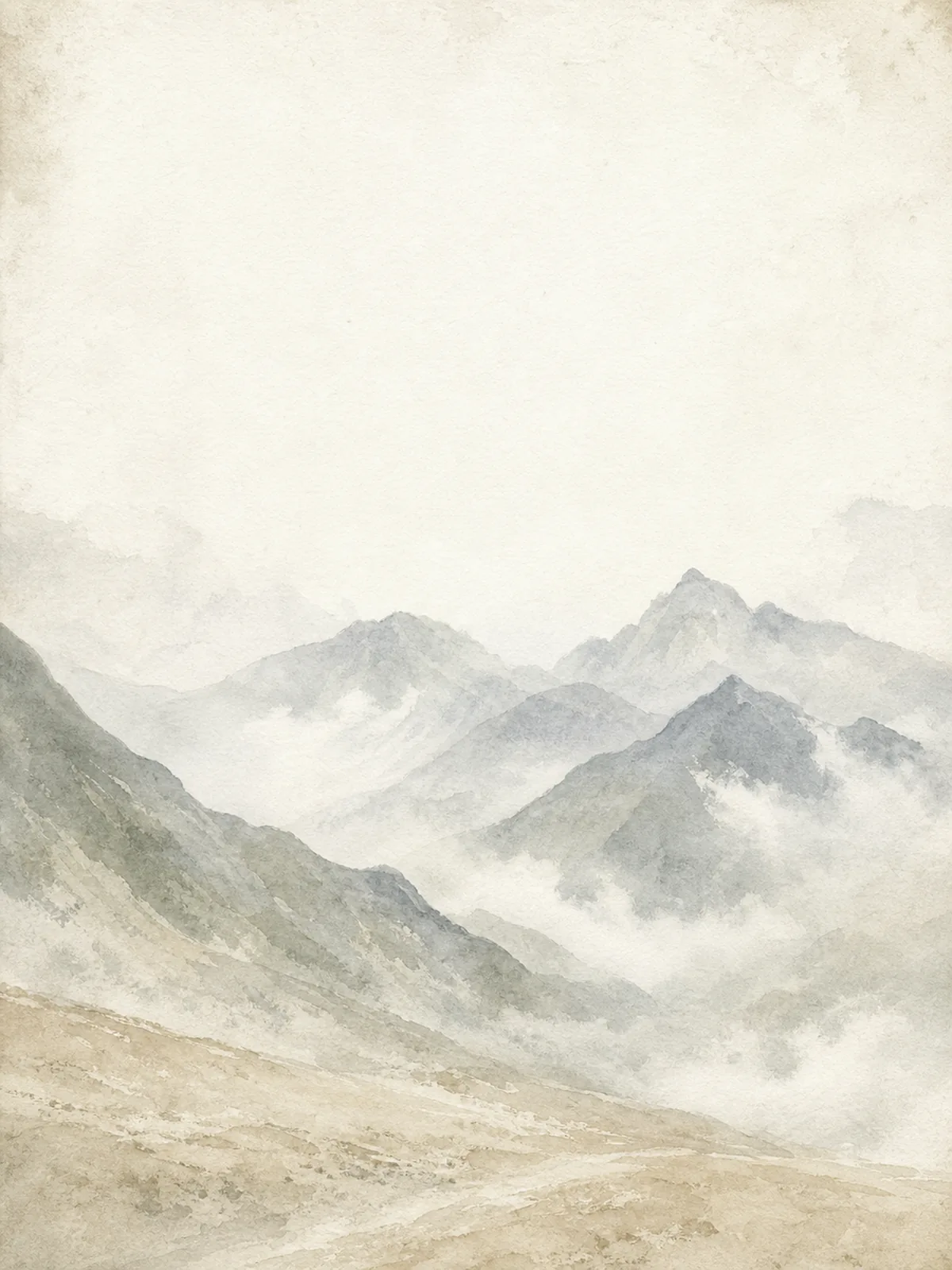 Watercolor painting of a cloudy mountain landscape
