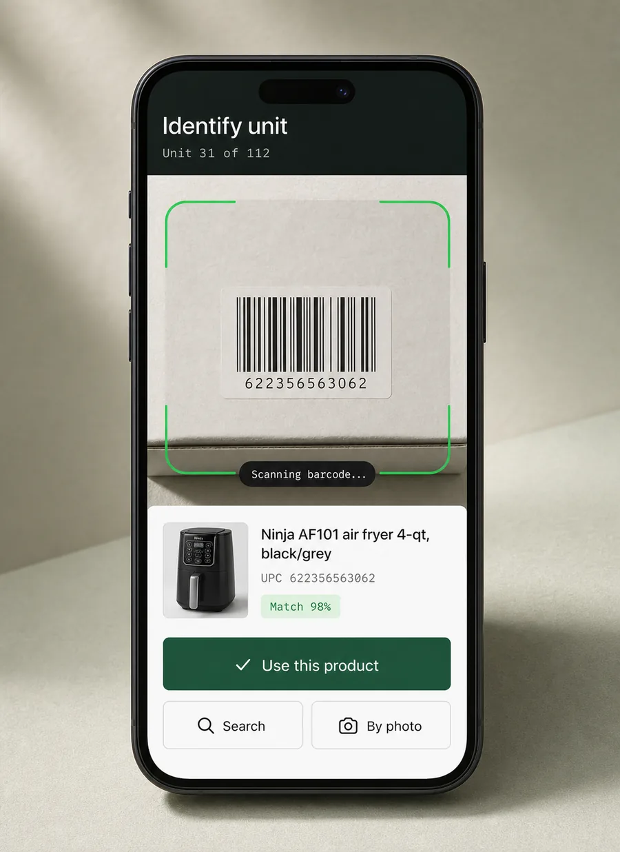 Phone scanning a barcode and identifying a Ninja air fryer with a 98 percent match
